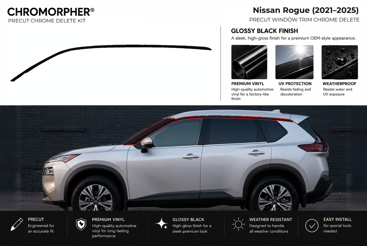 ChroMorpher Nissan Rogue window trim precut chrome delete kit (2021–2025) showing the precut vinyl pieces and the trim area outlined in red.