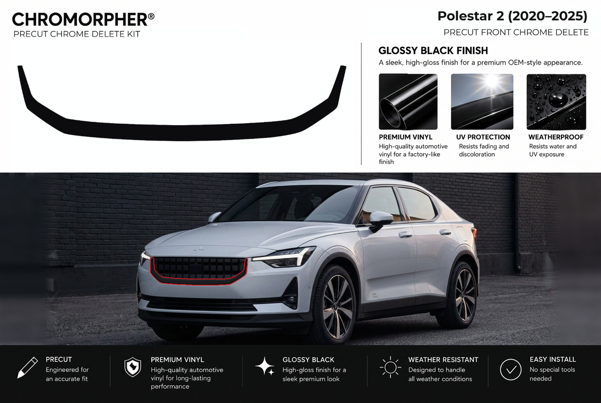 ChroMorpher Polestar 2 front precut chrome delete kit (2020–2025) showing the precut vinyl pieces and the trim area outlined in red.
