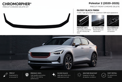 ChroMorpher Polestar 2 front precut chrome delete kit (2020–2025) showing the precut vinyl pieces and the trim area outlined in red.