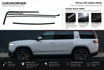 ChroMorpher Rivian R1S window trim precut chrome delete kit (2022–2025) showing the precut vinyl pieces and the trim area outlined in red.