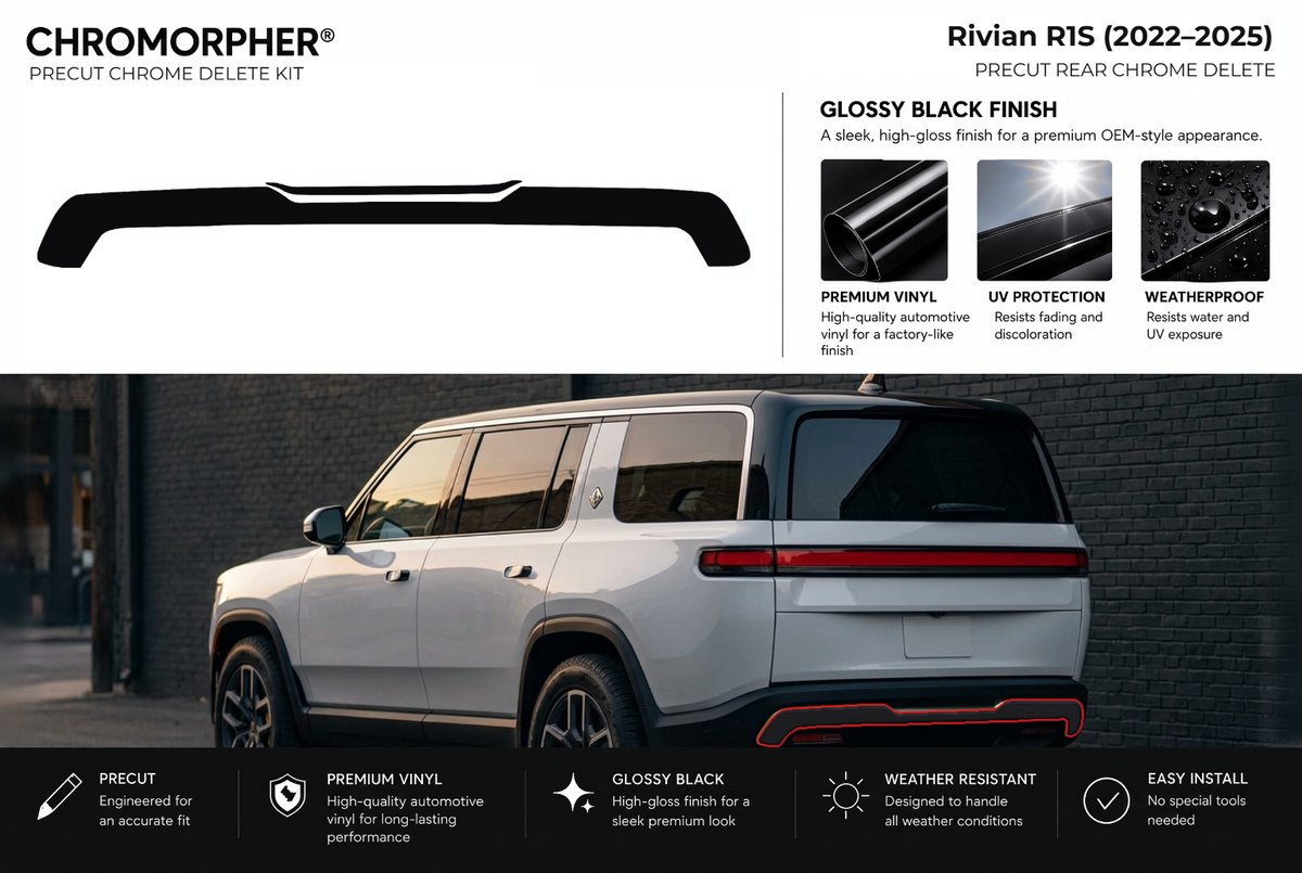 ChroMorpher Rivian R1S rear bumper precut chrome delete kit (2022–2025) showing the precut vinyl pieces and the trim area outlined in red.
