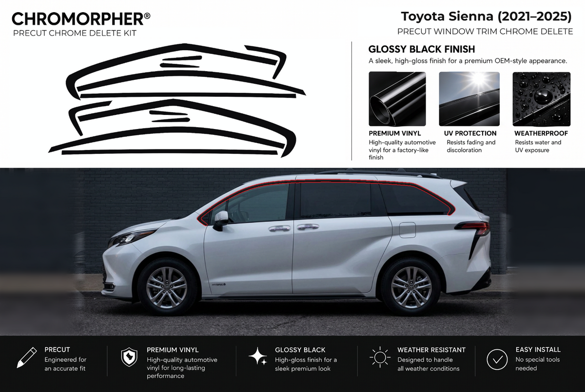 ChroMorpher Toyota Sienna window trim precut chrome delete kit (2021–2025) showing the precut vinyl pieces and the trim area outlined in red.