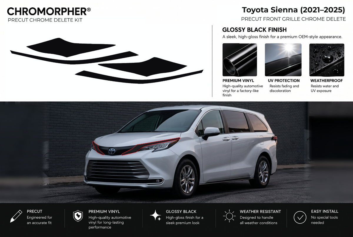 ChroMorpher Toyota Sienna front grille precut chrome delete kit (2021–2025) showing the precut vinyl pieces and the trim area outlined in red.