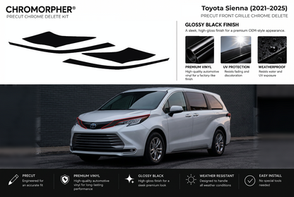 ChroMorpher Toyota Sienna front grille precut chrome delete kit (2021–2025) showing the precut vinyl pieces and the trim area outlined in red.