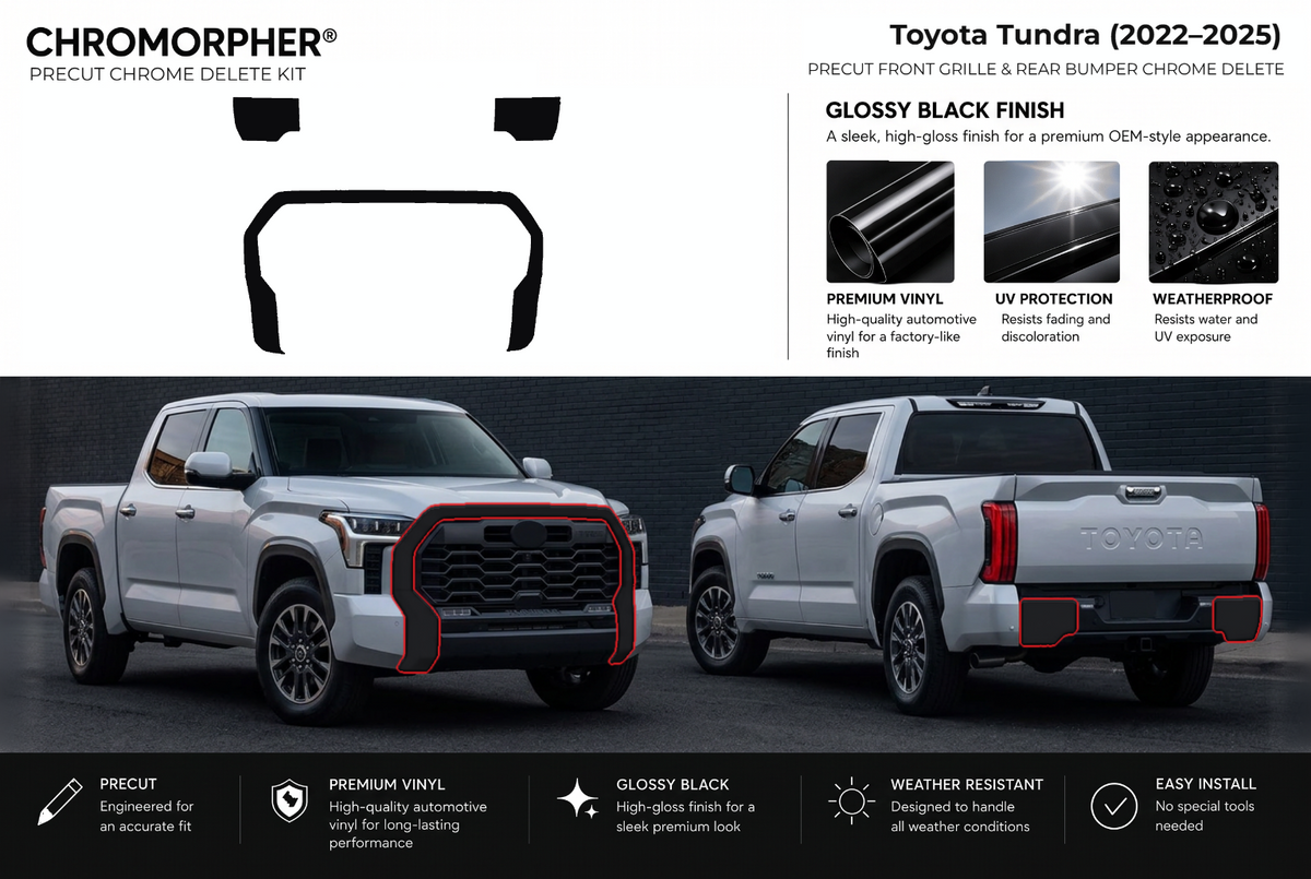 ChroMorpher Toyota Tundra front grille & rear bumper precut chrome delete kit (2022–2025) showing the precut vinyl pieces and the trim area outlined in red.