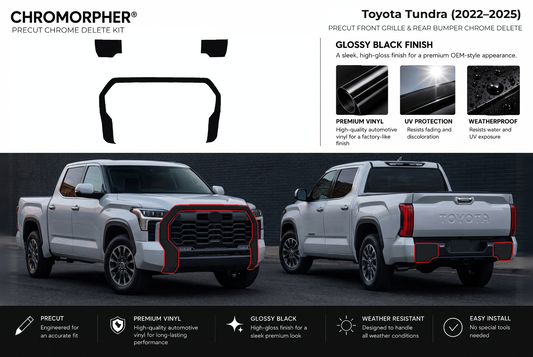 ChroMorpher Toyota Tundra front grille & rear bumper precut chrome delete kit (2022–2025) showing the precut vinyl pieces and the trim area outlined in red.