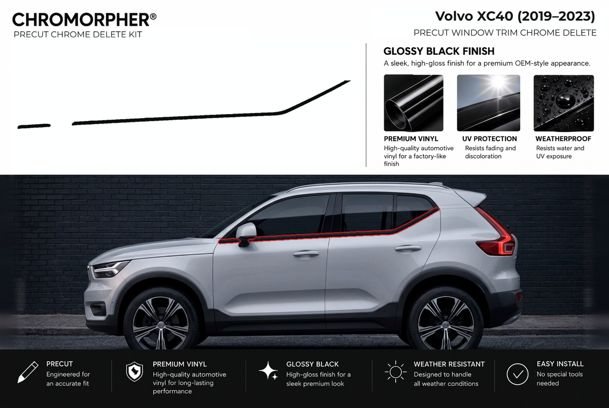ChroMorpher Volvo XC40 window trim precut chrome delete kit (2019–2023) showing the precut vinyl pieces and the trim area outlined in red.