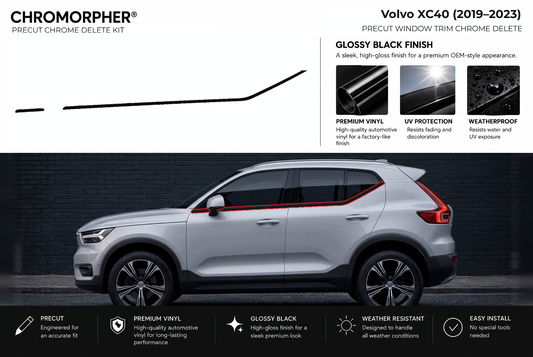 ChroMorpher Volvo XC40 window trim precut chrome delete kit (2019–2023) showing the precut vinyl pieces and the trim area outlined in red.