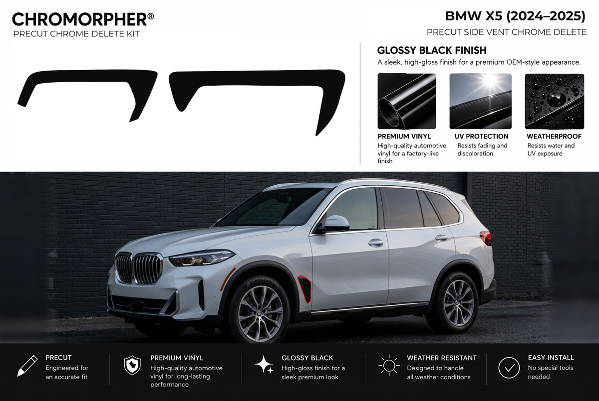 ChroMorpher BMW X5 side vents precut chrome delete kit (2024–2025) showing the precut vinyl pieces and the trim area outlined in red.