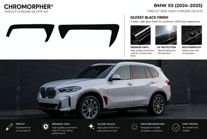 ChroMorpher BMW X5 side vents precut chrome delete kit (2024–2025) showing the precut vinyl pieces and the trim area outlined in red.