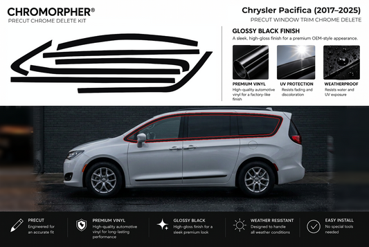 ChroMorpher Chrysler Pacifica window trim precut chrome delete kit (2017–2025) showing the precut vinyl pieces and the trim area outlined in red.