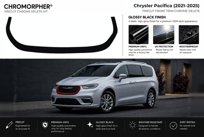 ChroMorpher Chrysler Pacifica front precut chrome delete kit (2021–2025) showing the precut vinyl pieces and the trim area outlined in red.