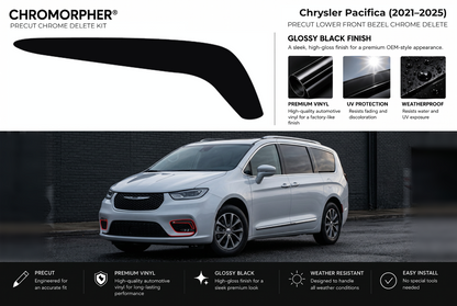 ChroMorpher Chrysler Pacifica lower front bezels precut chrome delete kit (2021–2025) showing the precut vinyl pieces and the trim area outlined in red.