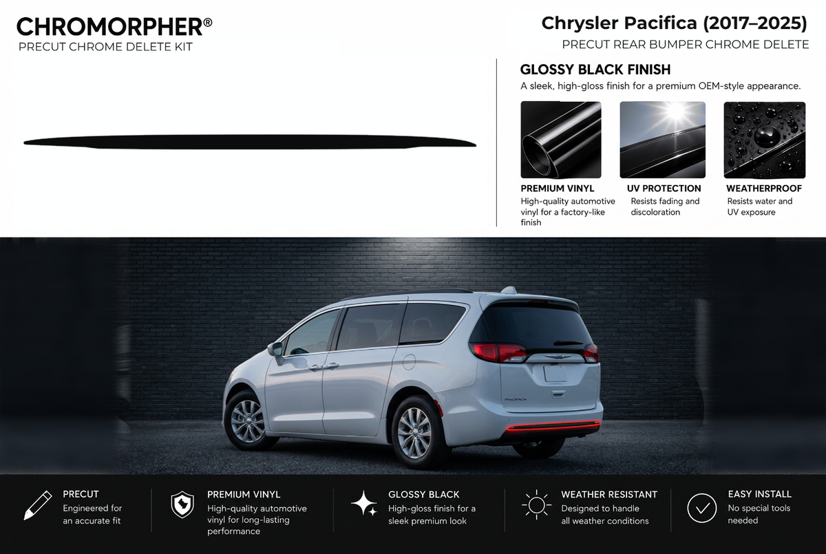 ChroMorpher Chrysler Pacifica rear bumper precut chrome delete kit (2017–2025) showing the precut vinyl pieces and the trim area outlined in red.