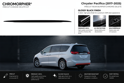 ChroMorpher Chrysler Pacifica rear bumper precut chrome delete kit (2017–2025) showing the precut vinyl pieces and the trim area outlined in red.