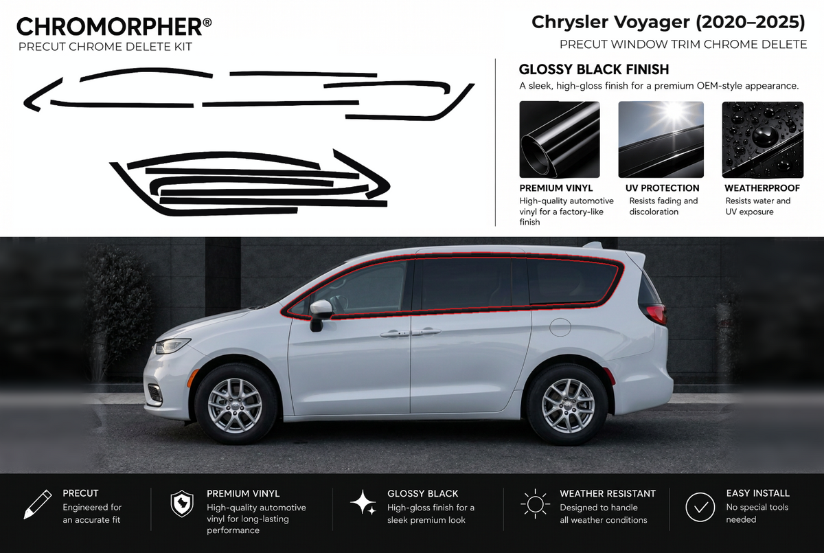 ChroMorpher Chrysler Voyager window trim precut chrome delete kit (2020–2025) showing the precut vinyl pieces and the trim area outlined in red.
