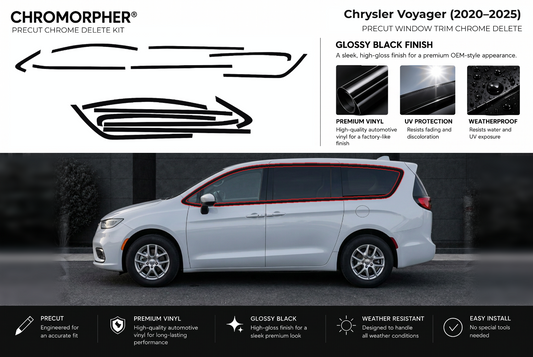 ChroMorpher Chrysler Voyager window trim precut chrome delete kit (2020–2025) showing the precut vinyl pieces and the trim area outlined in red.