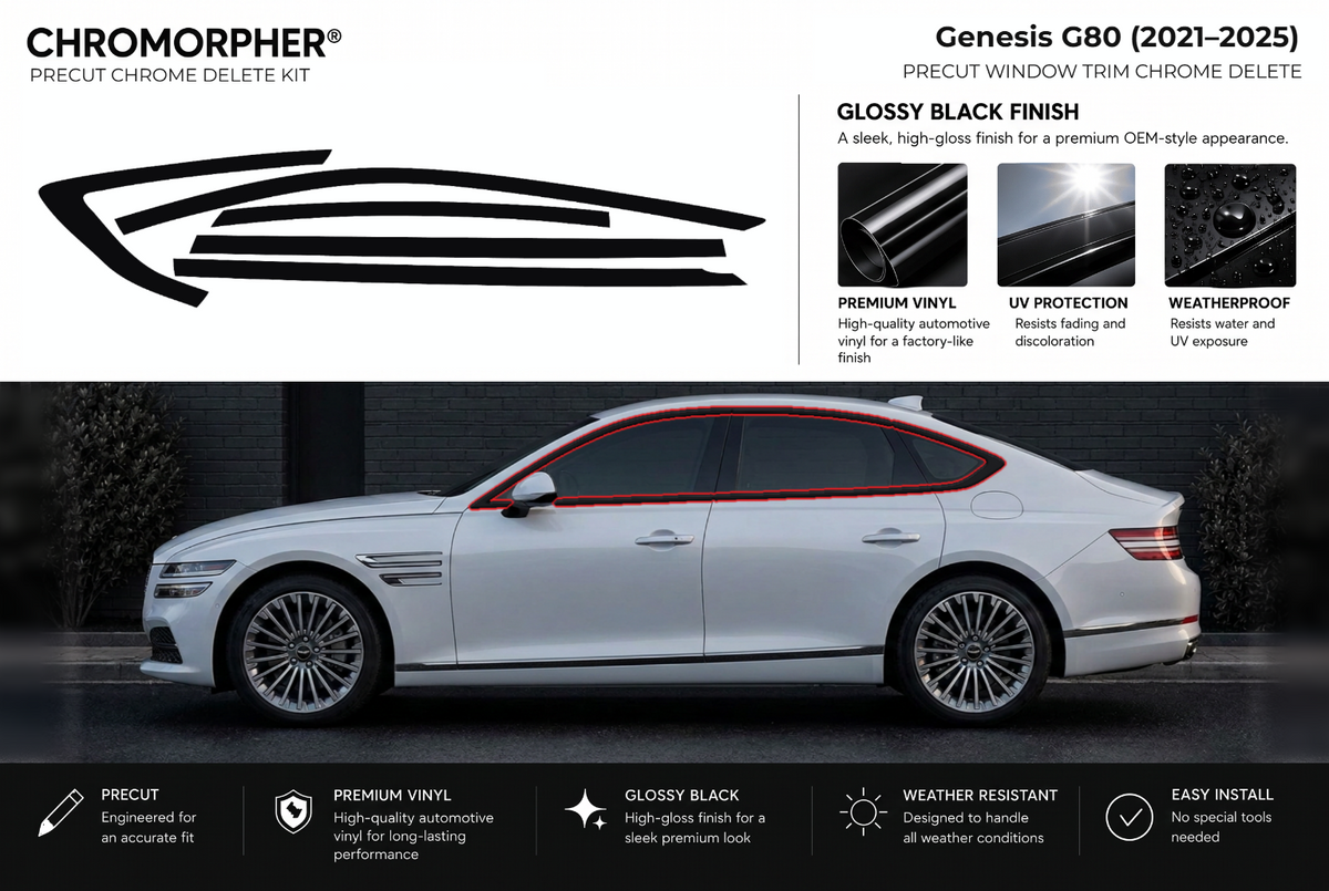 ChroMorpher Genesis G80 window trim precut chrome delete kit (2021–2025) showing the precut vinyl pieces and the trim area outlined in red.