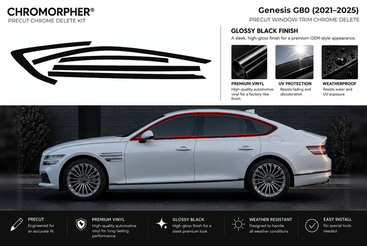 ChroMorpher Genesis G80 window trim precut chrome delete kit (2021–2025) showing the precut vinyl pieces and the trim area outlined in red.