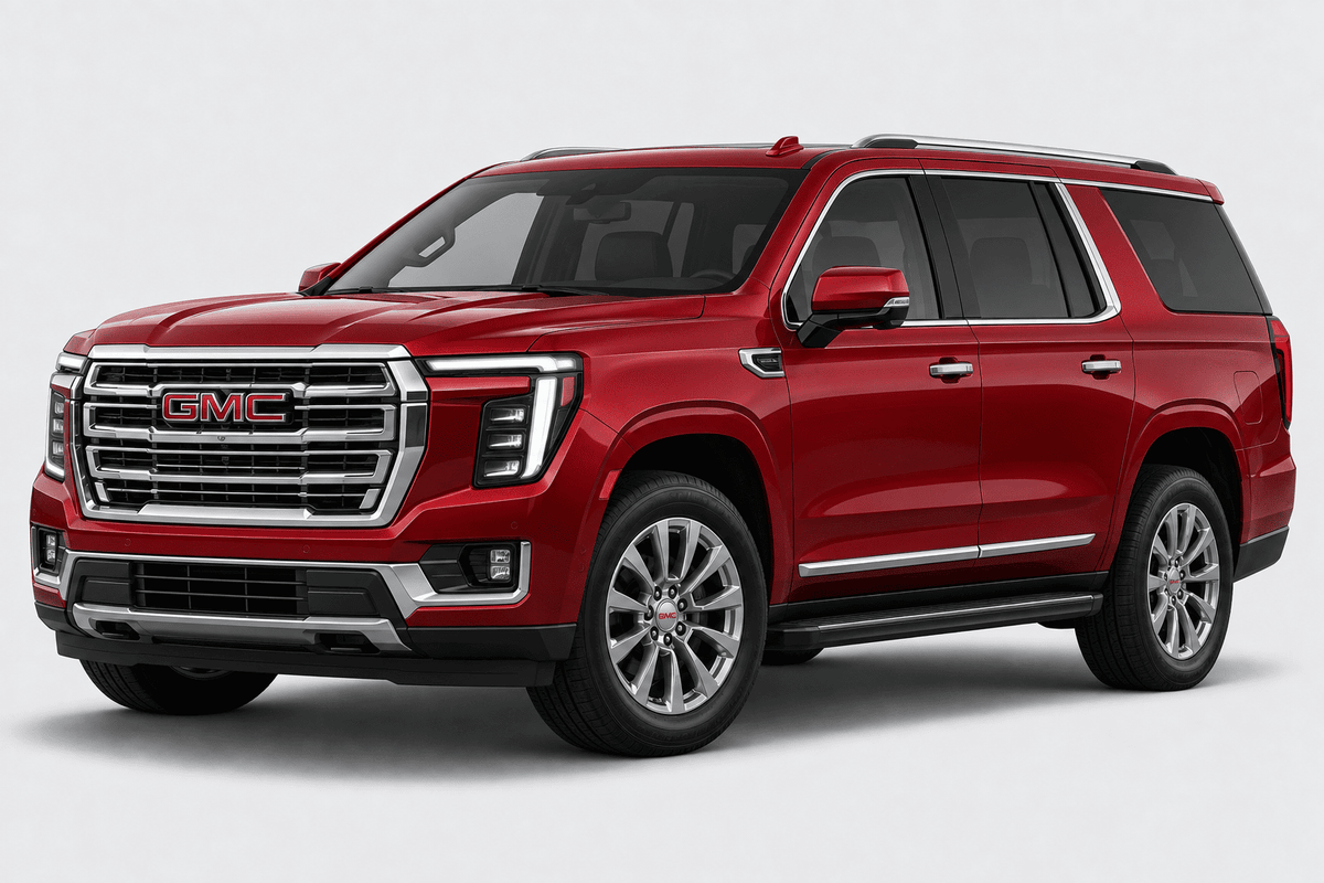 A red GMC SUV shown from a three-quarter front angle against a light gray studio background.