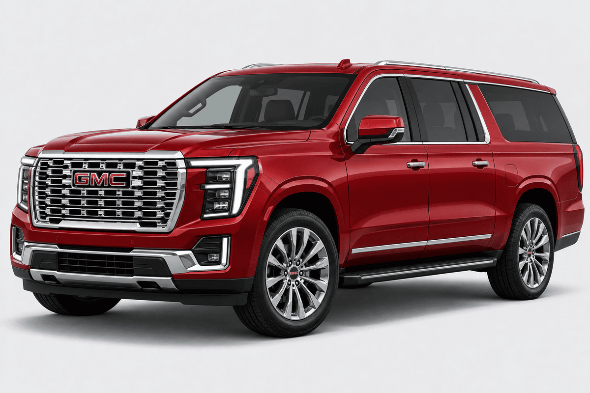 A red GMC SUV shown from a three-quarter front angle on a light gray studio background.