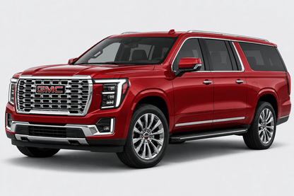 A red GMC SUV shown from a three-quarter front angle on a light gray studio background.