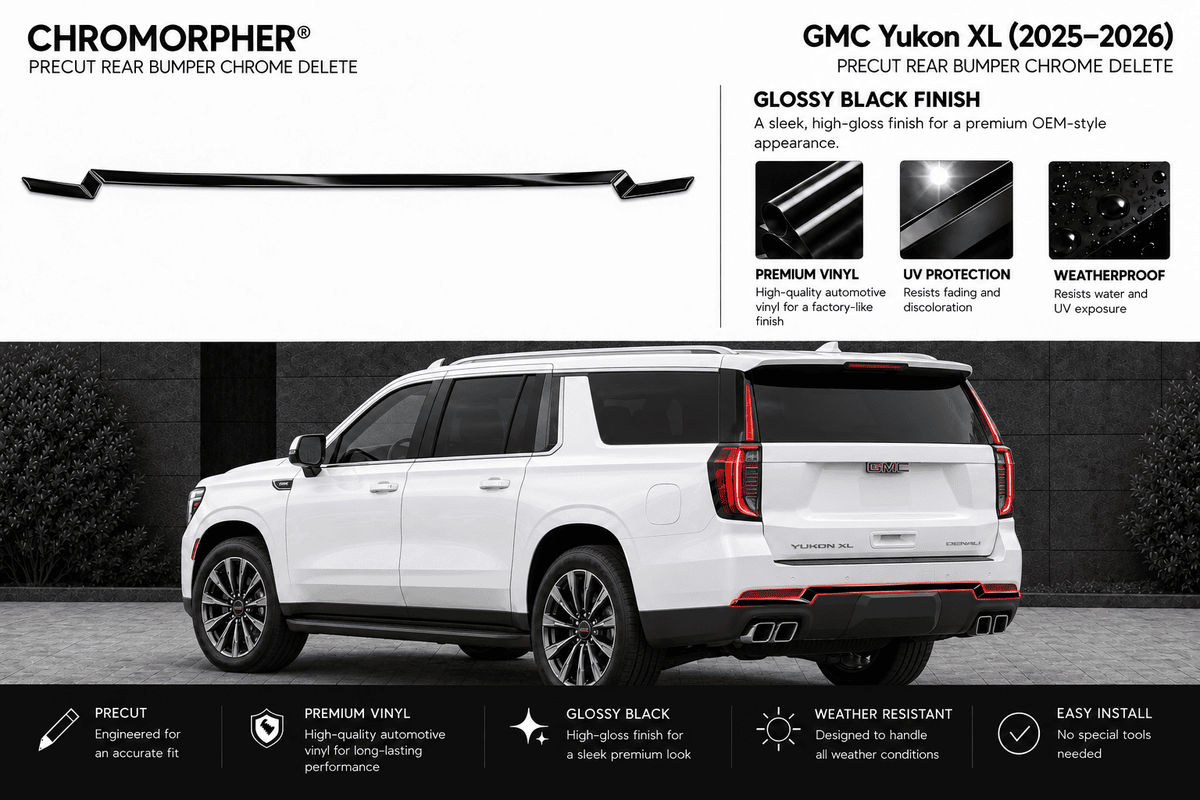 Chromorpher precut rear bumper chrome delete kit shown above a white GMC Yukon XL SUV on a dark outdoor background, with feature callouts and installation benefits printed around the image.