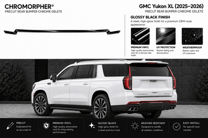Chromorpher precut rear bumper chrome delete kit shown above a white GMC Yukon XL SUV on a dark outdoor background, with feature callouts and installation benefits printed around the image.