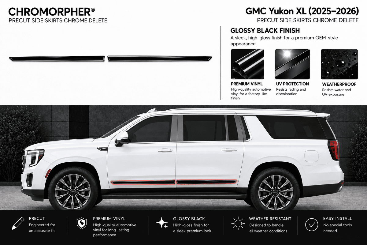 White Chevrolet GMC Yukon XL SUV shown in side profile with a thin chrome delete side skirt strip applied along the lower body, on a dark studio background. Text at top left reads CHROMOMORPHER; top right reads GMC Yukon XL (2025-2026) PRECUT SIDE SKIRTS CHROME DELETE.