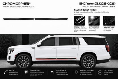 White Chevrolet GMC Yukon XL SUV shown in side profile with a thin chrome delete side skirt strip applied along the lower body, on a dark studio background. Text at top left reads CHROMOMORPHER; top right reads GMC Yukon XL (2025-2026) PRECUT SIDE SKIRTS CHROME DELETE.