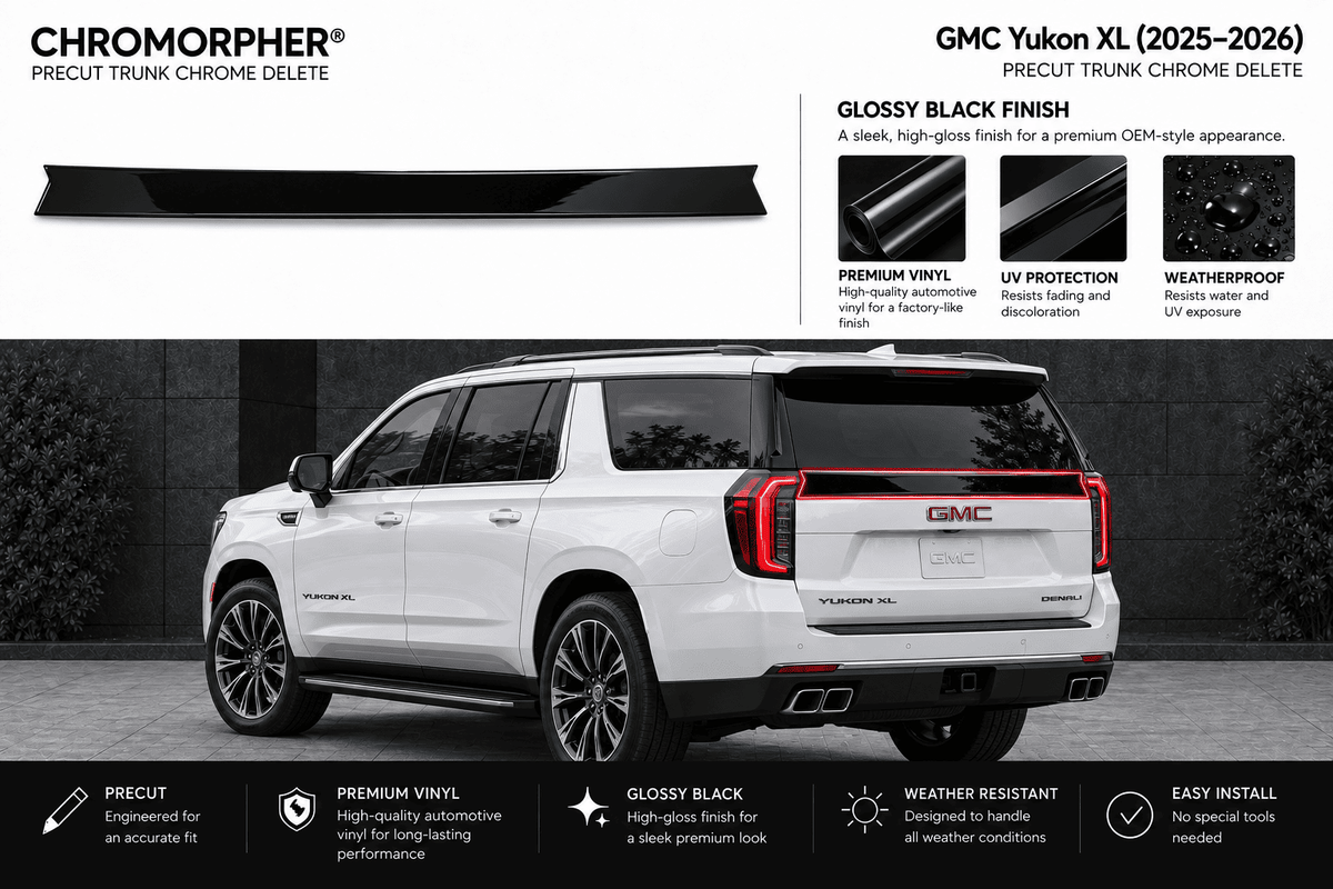 A white GMC Yukon XL SUV shown from the rear three-quarter angle on a dark outdoor-looking background, with a black precut trunk chrome delete strip displayed above. Text callouts describe the glossy black finish and list features such as premium vinyl, UV protection, weatherproofing, and easy install.
