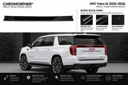 A white GMC Yukon XL SUV shown from the rear three-quarter angle on a dark outdoor-looking background, with a black precut trunk chrome delete strip displayed above. Text callouts describe the glossy black finish and list features such as premium vinyl, UV protection, weatherproofing, and easy install.