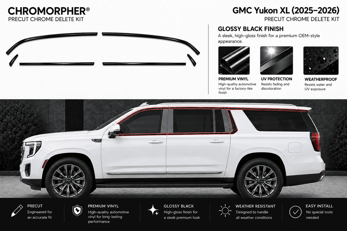Chromorphor GMC Yukon XL (2025-2026) Precut Chrome Delete Kit in glossy black finish, shown with product cutout shapes and a white SUV demonstrating the chrome deletion effect.
