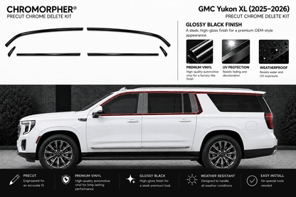 Chromorphor GMC Yukon XL (2025-2026) Precut Chrome Delete Kit in glossy black finish, shown with product cutout shapes and a white SUV demonstrating the chrome deletion effect.