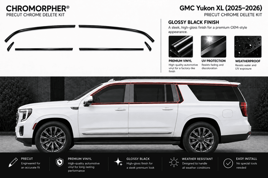 Chromorphor GMC Yukon XL (2025-2026) Precut Chrome Delete Kit in glossy black finish, shown with product cutout shapes and a white SUV demonstrating the chrome deletion effect.
