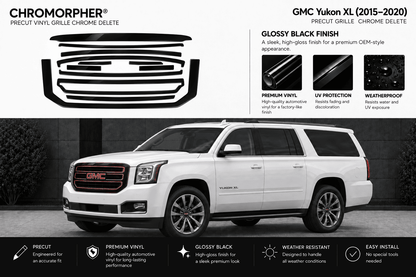 Promotional graphic for a Chromorphor precut vinyl grille delete kit designed for a GMC Yukon XL (2015-2020). The top half features a black graphic of the grille with the chrome delete lines, alongside text describing the glossy black finish and product features.