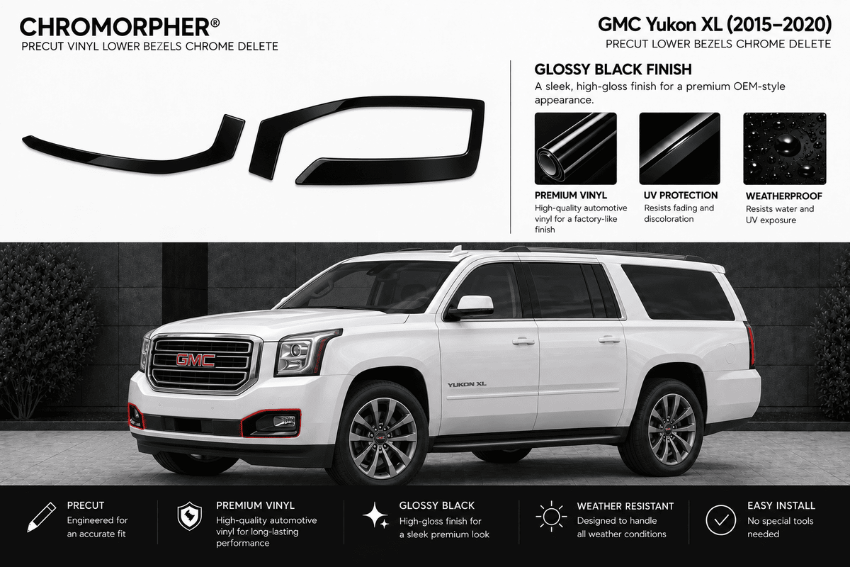 Chromorphor gloss black vinyl lower bezels for a GMC Yukon XL, shown as four black trim pieces on a white background alongside a white GMC Yukon XL vehicle on a dark street backdrop.