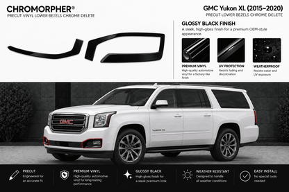 Chromorphor gloss black vinyl lower bezels for a GMC Yukon XL, shown as four black trim pieces on a white background alongside a white GMC Yukon XL vehicle on a dark street backdrop.