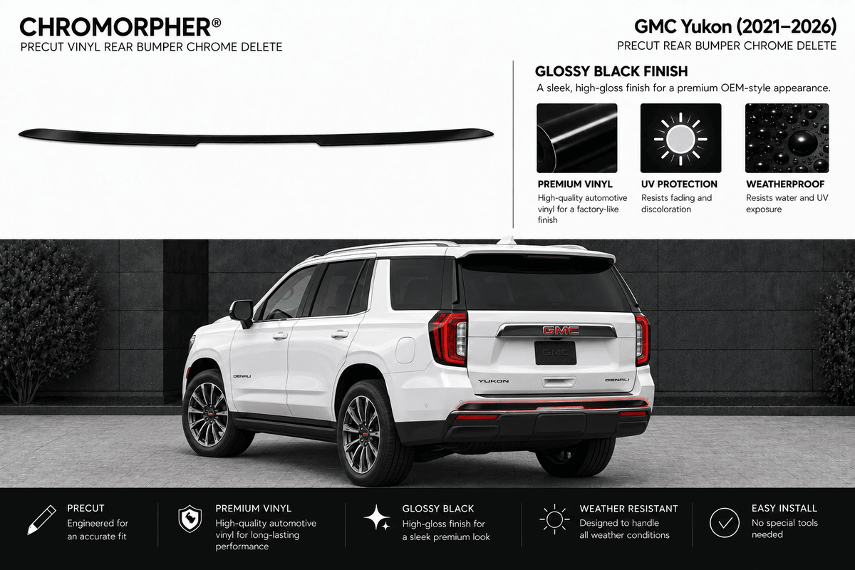 A promotional graphic for a Chromorphor precut vinyl rear bumper chrome delete kit on a white GMC Yukon SUV. The top portion shows the black vinyl delete strip and product features, while the bottom shows the vehicle with the installed strip visible along the rear bumper.