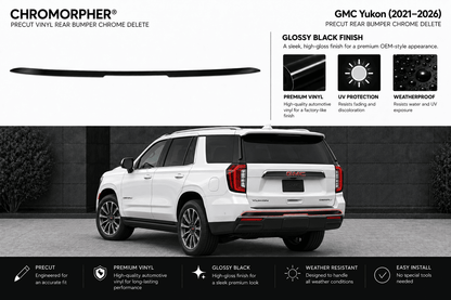 A promotional graphic for a Chromorphor precut vinyl rear bumper chrome delete kit on a white GMC Yukon SUV. The top portion shows the black vinyl delete strip and product features, while the bottom shows the vehicle with the installed strip visible along the rear bumper.