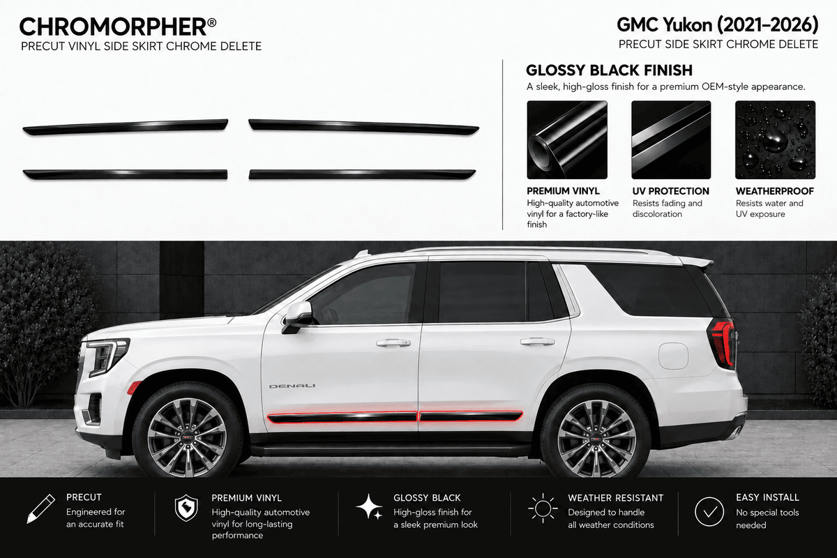 Chromorpher precut vinyl side skirt chrome delete kit shown on a white GMC Yukon SUV, with four black vinyl strip samples above and feature callouts for glossy black finish, premium vinyl, UV protection, and weatherproof design.