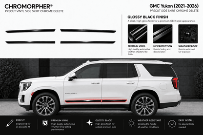 Chromorpher precut vinyl side skirt chrome delete kit shown on a white GMC Yukon SUV, with four black vinyl strip samples above and feature callouts for glossy black finish, premium vinyl, UV protection, and weatherproof design.