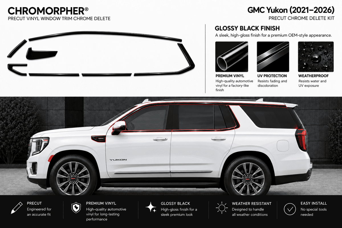Chromapher Precut Chrome Delete Kit for GMC Yukon (2021-2026) gloss black vinyl window trim. The graphic shows the white SUV with red-outlined windows, alongside the black chrome delete decal shapes and feature callouts on a dark background.