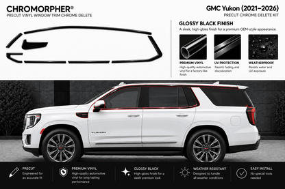 Chromapher Precut Chrome Delete Kit for GMC Yukon (2021-2026) gloss black vinyl window trim. The graphic shows the white SUV with red-outlined windows, alongside the black chrome delete decal shapes and feature callouts on a dark background.