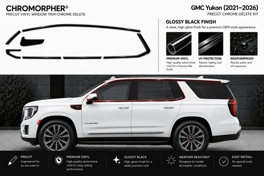 Chromapher Precut Chrome Delete Kit for GMC Yukon (2021-2026) gloss black vinyl window trim. The graphic shows the white SUV with red-outlined windows, alongside the black chrome delete decal shapes and feature callouts on a dark background.