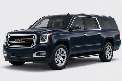 A dark navy blue GMC Suburban SUV shown from a three-quarter front angle on a light gray studio background.