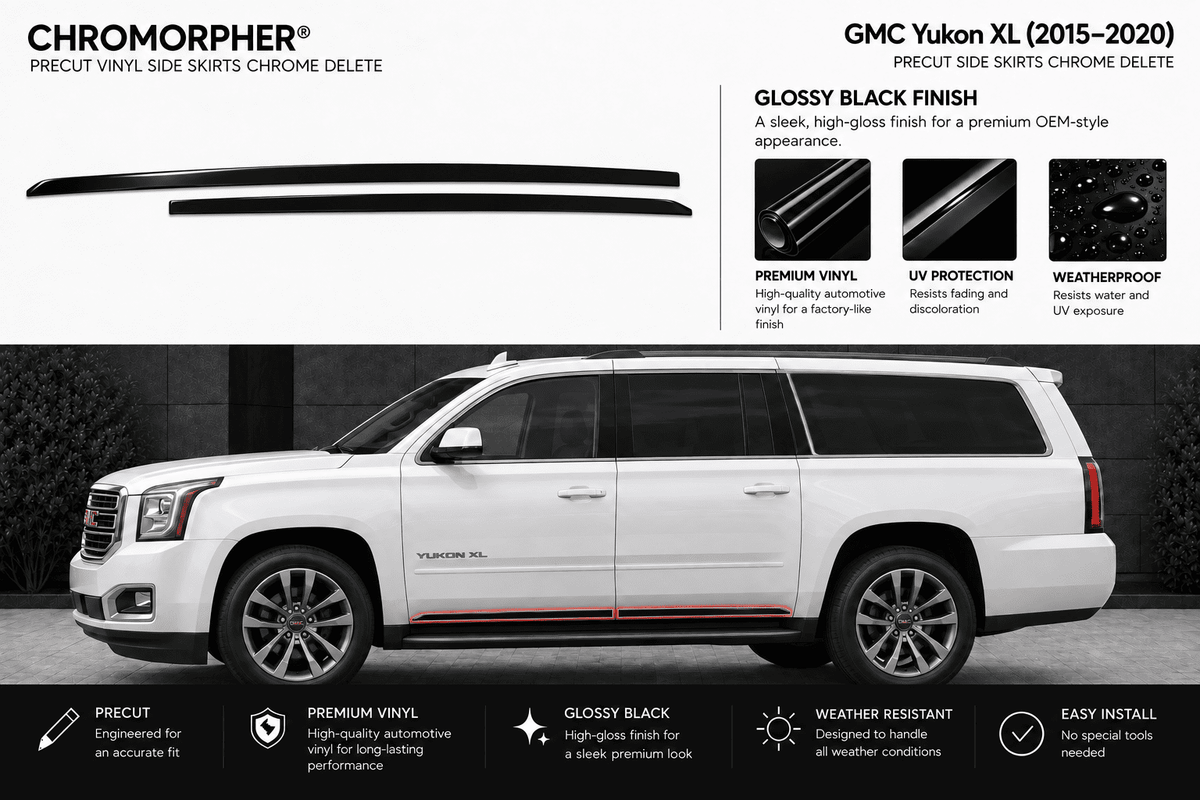 Chromorphor gloss black vinyl side skirts for a GMC Yukon XL, shown as two long black vinyl pieces above a white GMC Yukon XL with a thin black side skirt stripe applied, plus feature callouts and installation benefits.