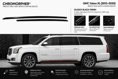 Chromorphor gloss black vinyl side skirts for a GMC Yukon XL, shown as two long black vinyl pieces above a white GMC Yukon XL with a thin black side skirt stripe applied, plus feature callouts and installation benefits.