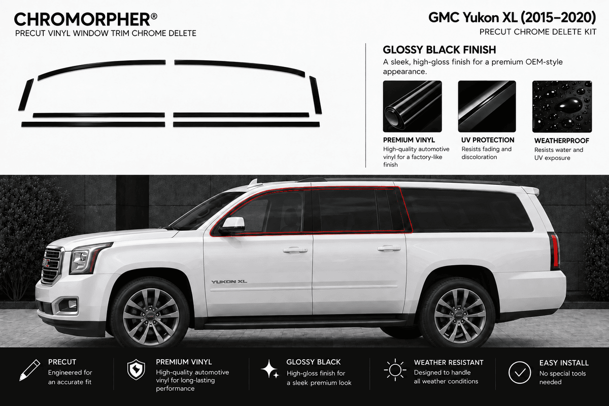 Chromorphor GMC Yukon XL precut chrome delete kit graphic showing the vinyl trim pieces, gloss black finish benefits, and a side view of a white GMC Yukon XL with a red line indicating the chrome deletion area.