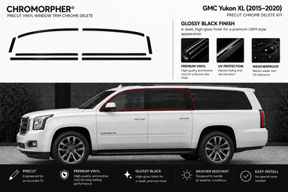 Chromorphor GMC Yukon XL precut chrome delete kit graphic showing the vinyl trim pieces, gloss black finish benefits, and a side view of a white GMC Yukon XL with a red line indicating the chrome deletion area.
